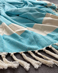 Luxury Harrington Bed Throw XL, premium oversized handloomed organic cotton herringbone blanket, teal and natural, 200cm x 240cm by Wildash London at brixbailey.com