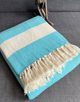 Luxury Harrington Bed Throw, oversized handloomed organic cotton herringbone blanket, teal and natural, king size 200cm x 240cm by Wildash London at brixbailey.com