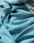 Luxury Harrington Bed Throw XL, premium oversized handloomed organic cotton blanket, herringbone design, teal and natural, 200cm x 240cm by Wildash London at brixbailey.com