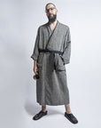 Linen Bathrobe in Black Fishbone