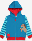 Premium kids hoodie with horse applique, striped sleeves, apple-red cuffs, cozy organic cotton lining, stylish and warm by Toby Tiger at brixbailey.com