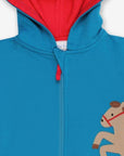 Premium kids hoodie with horse applique, striped sleeves, apple-red cuffs, cozy organic cotton lining, stylish and warm by Toby Tiger at brixbailey.com