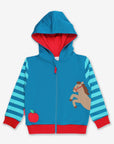 Premium kids hoodie with horse applique, striped sleeves, apple red cuffs, cozy organic cotton lining, stylish and warm by Toby Tiger at brixbailey.com