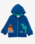 organic cotton dinosaur hoodie with T-Rex and volcano applique - soft striped lining - GOTS certified - by Toby Tiger at www.brixbailey.com