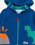 organic cotton dinosaur hoodie with T-Rex and volcano applique - cozy striped lining - GOTS certified - by Toby Tiger at www.brixbailey.com