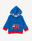Premium organic cotton kids hoodie with fire truck applique, cozy striped lining, GOTS certified, stylish and comfortable by Toby Tiger at brixbailey.com