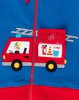 Premium organic cotton kids hoodie with fire truck applique, cozy striped lining, GOTS certified, stylish and warm by Toby Tiger at brixbailey.com