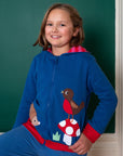 Premium organic cotton hoodie with floral mushroom embroidery, autumn navy blue, cozy striped lining, GOTS certified, eco-friendly dyes by Toby Tiger at brixbailey.com