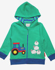 Stylish Organic Hoodie with Farm Animal Appliques in Soft Green Cotton and Blue Trim by Toby Tiger at brixbailey.com