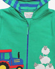 Stylish Organic Hoodie with Farm Animal Appliques in Soft Green Cotton and Sky Blue Trim by Toby Tiger at brixbailey.com
