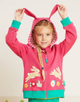 Premium Organic Cotton Bunny Hoodie with Ears - Soft Pink Kids Hooded Jacket with Green Cuffs and Jersey Lining by Toby Tiger at brixbailey.com