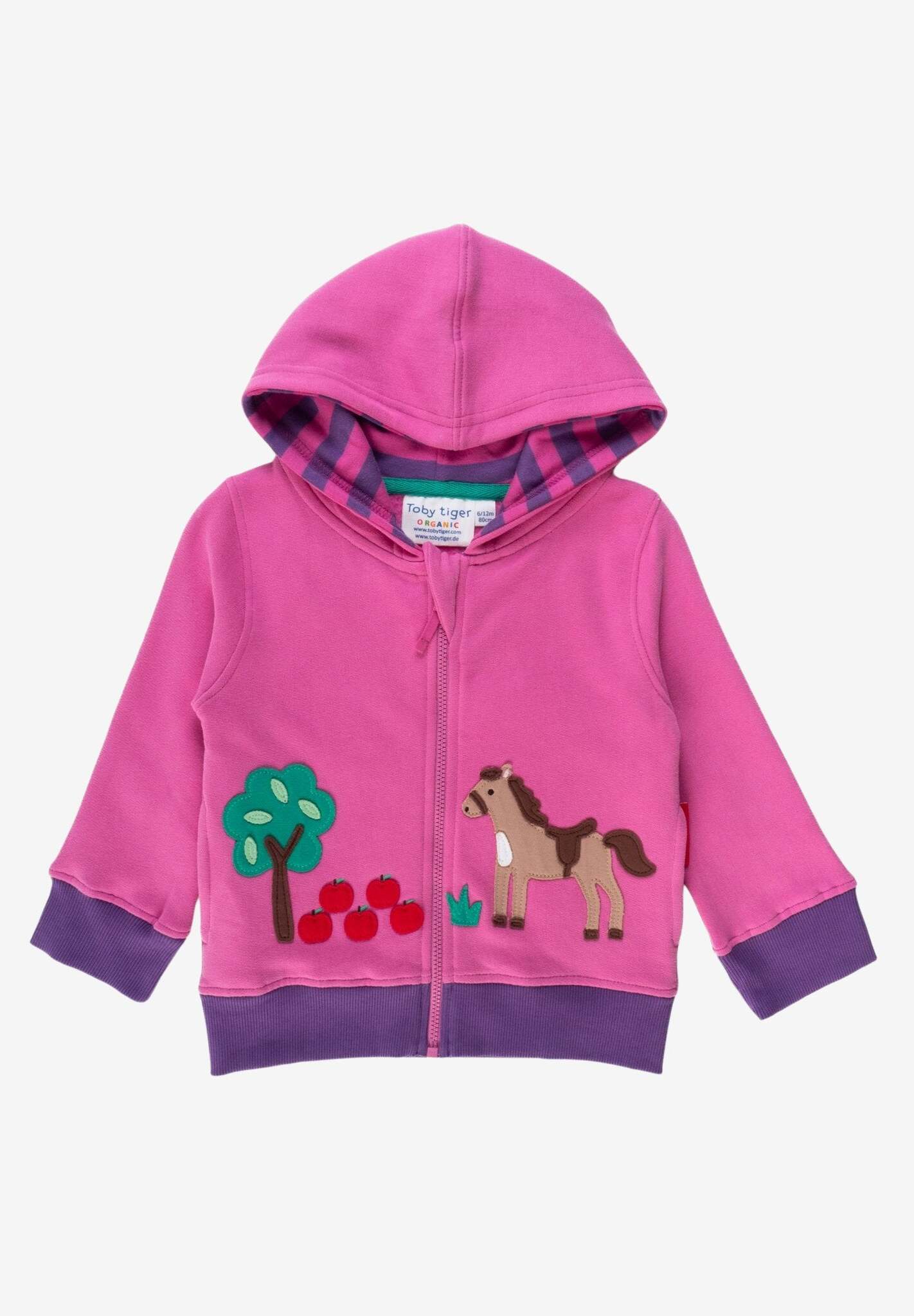 Luxury kids hoodie with embroidered horse and apple design, premium organic cotton, soft striped lining, bright pink and purple by Toby Tiger at brixbailey.com