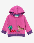 Luxury kids hoodie with embroidered horse and apple design, premium organic cotton, soft striped lining, bright pink and purple by Toby Tiger at brixbailey.com