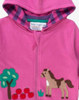Premium kids hoodie with playful horse embroidery, organic cotton, soft striped lining, bright pink and purple, cozy pullover by Toby Tiger at brixbailey.com