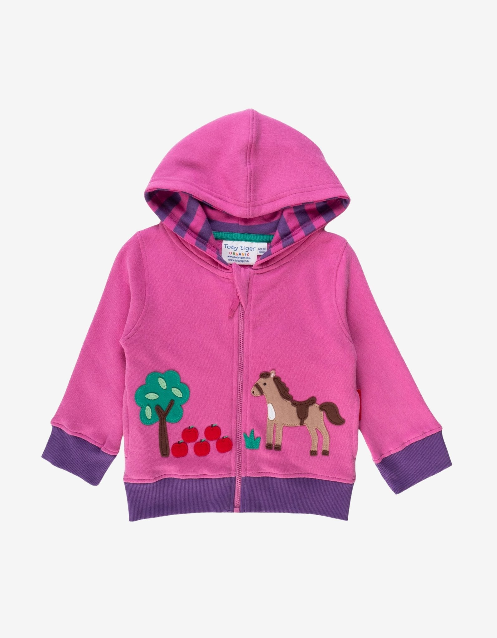 Luxury kids hoodie with embroidered horse and apple design, premium organic cotton, soft striped lining, bright pink and purple by Toby Tiger at brixbailey.com
