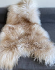 Premium natural sheepskin rug, luxury brown tipped white fur, handcrafted Icelandic latte style, best-selling home decor by Wildash London at brixbailey.com