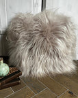 Luxury Icelandic sheepskin cushion, natural dove grey, double-sided, premium long fur, handcrafted, sustainable, best-selling home decor by Wildash London at brixbailey.com