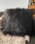 Luxury Icelandic sheepskin cushion, natural black double-sided premium fur, handcrafted sustainable home decor by Wildash London at brixbailey.com