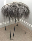 Luxury Icelandic sheepskin round seat cover, cool grey long fur, 35cm diameter, premium handcrafted natural hide by Wildash London at brixbailey.com