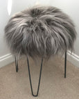 Luxury Icelandic sheepskin seat cover, cool grey long fur, 35cm round premium hide, handcrafted, hypoallergenic, sustainable by Wildash London at brixbailey.com