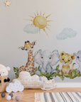 Baby Safari Animals Watercolor Wall Decal | Nursery Mural | Lion Elephant Sticker
