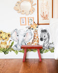 Baby Safari Animals Watercolor Wall Decal | Nursery Mural | Lion Elephant Sticker