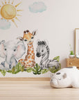 Baby Safari Animals Watercolor Wall Decal | Nursery Mural | Lion Elephant Sticker