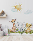 Baby Safari Animals Watercolor Wall Decal | Nursery Mural | Lion Elephant Sticker