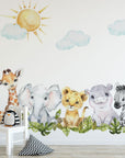 Baby Safari Animals Watercolor Wall Decal | Nursery Mural | Lion Elephant Sticker
