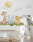 Baby Safari Animals Watercolor Wall Decal | Nursery Mural | Lion Elephant Sticker