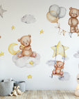 Sleeping Bears Wall Decal | Bears in the Air Nursery Wall Sticker | Clouds and Stars Wall Decor