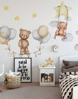 Sleeping Bears Wall Decal | Bears in the Air Nursery Wall Sticker | Clouds and Stars Wall Decor