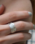 Wide Band Ring: Real Pressed Mimosa Leaf - Sterling Silver-3