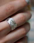 Wide Band Ring: Real Pressed Mimosa Leaf - Sterling Silver-0