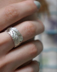 Wide Band Ring: Real Pressed Mimosa Leaf - Sterling Silver-1