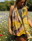 Yellow tropical print Scarf with floral skull design "Boto Silk" long Silk scarf in rectangular shape