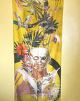 Yellow tropical print Scarf with floral skull design "Boto Silk" long Silk scarf in rectangular shape