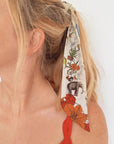 Cream 'Skinny' Silk scarf in the botanical 'Evolution' Print, delicate, lightweight Twilly style scarf accessory