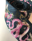 Navy Blue Silk Tie, 'Enticement' Pink Serpent design and tropical flowers