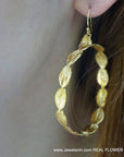 Gold Rose Leaves Hoops, Handmade Nature Jewelry, Botanical Dangle Earrings, Gift for Love & Success, Eco Sustainable Sterling Silver 925
