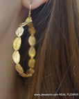 Gold Rose Leaves Hoops, Handmade Nature Jewelry, Botanical Dangle Earrings, Gift for Love & Success, Eco Sustainable Sterling Silver 925