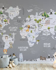 Gray World Map Wallpaper, Kids, Room, Wall Cover, Design, Nursery