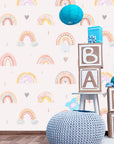 Watercolor Rainbow Rain Clouds Hearts Wallpaper Rain... | Wonderwallsboutique