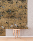 Crane Bird And Monstera Leaves Wallpaper Peel and Stick | Wonderwallsboutique