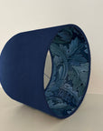 Navy blue velvet drum lampshade/ ceiling light shade with blue leaves paper interior