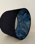 Black velvet drum lampshade/ ceiling light shade with blue leaves paper interior