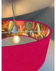 Cerise pink velvet drum lampshade/ ceiling light shade with wonderland paper interior