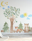 Woodland Watercolour Oak Pine Tree Decal with Animals - Bear, Fox, Raccoon, Rabbit, Squirrel, Porcupine