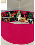 Cerise pink velvet drum lampshade/ ceiling light shade with wonderland paper interior