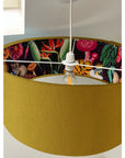 Mustard velvet drum lampshade/ ceiling light shade with wonderland paper interior